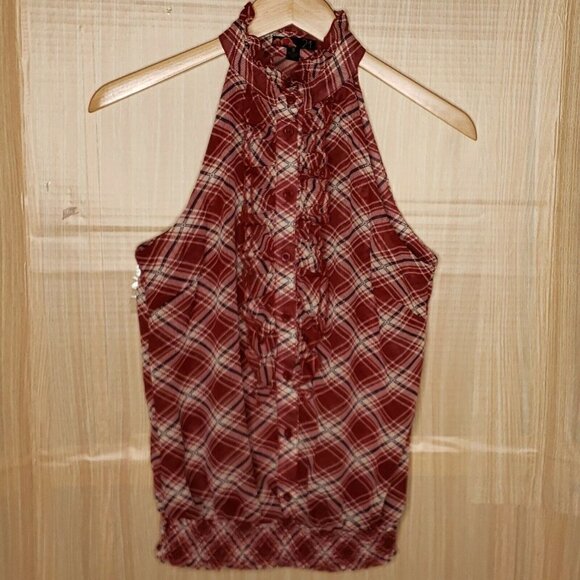 Forever 21 Womens Maroon Sleeveless High Neck Semi Sheer Blouse Small - Picture 1 of 6